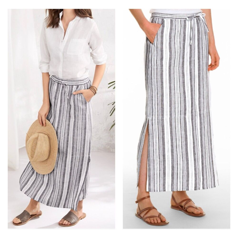 GARNET HILL Linen Striped Elastic Waist Tie Front Maxi Skirt, Sz 00 (27" waist)